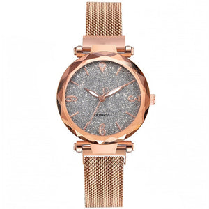 Rose Gold Women Watch, Luxury Magnetic Starry Sky Lady Wrist Watch, Mesh